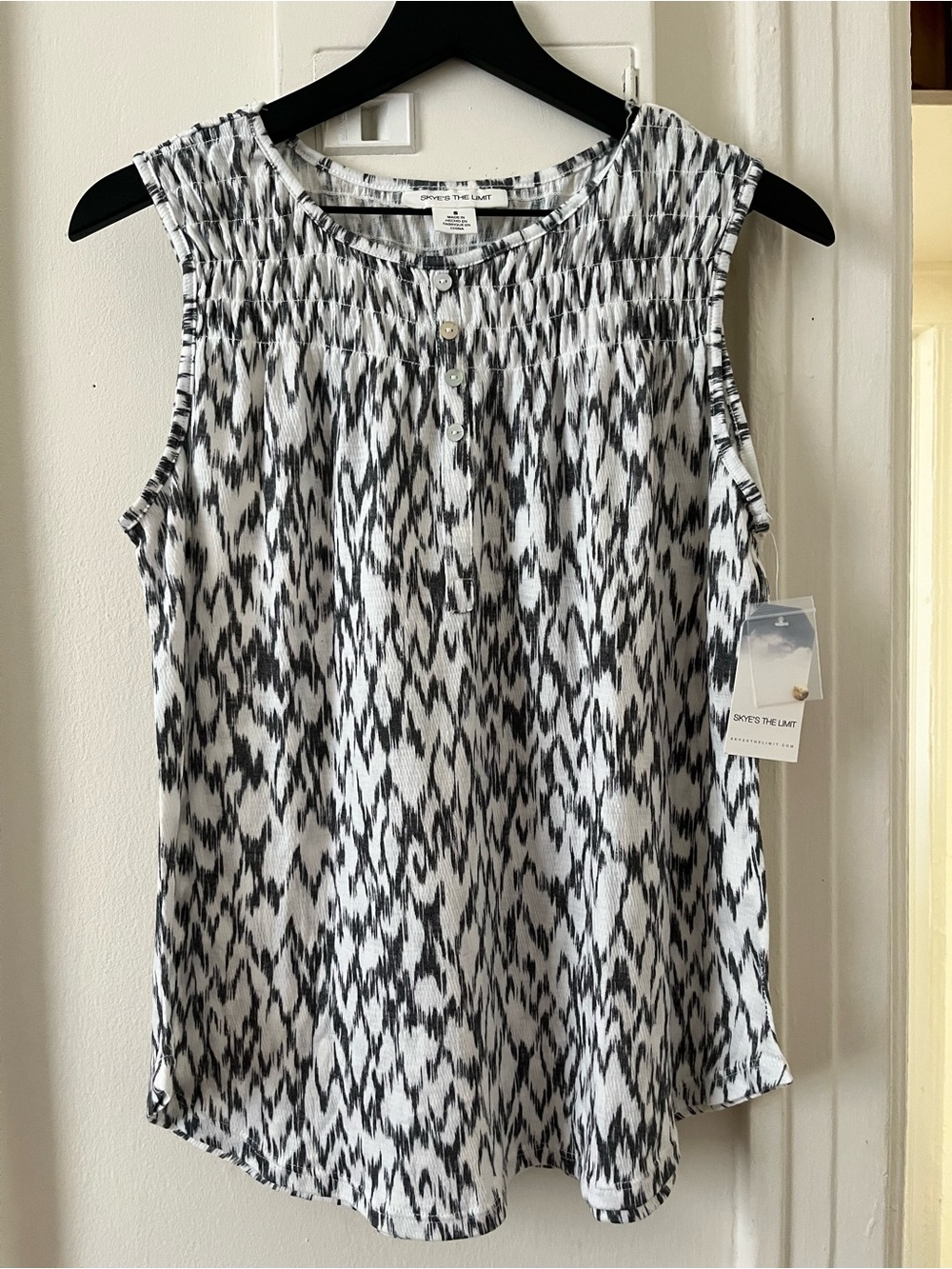 Skye's the Limit Black and White Ikat Sleeveless Tank with Smocking